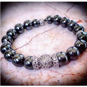 Men's Hematite Stone Beaded Bracelet with Silver.